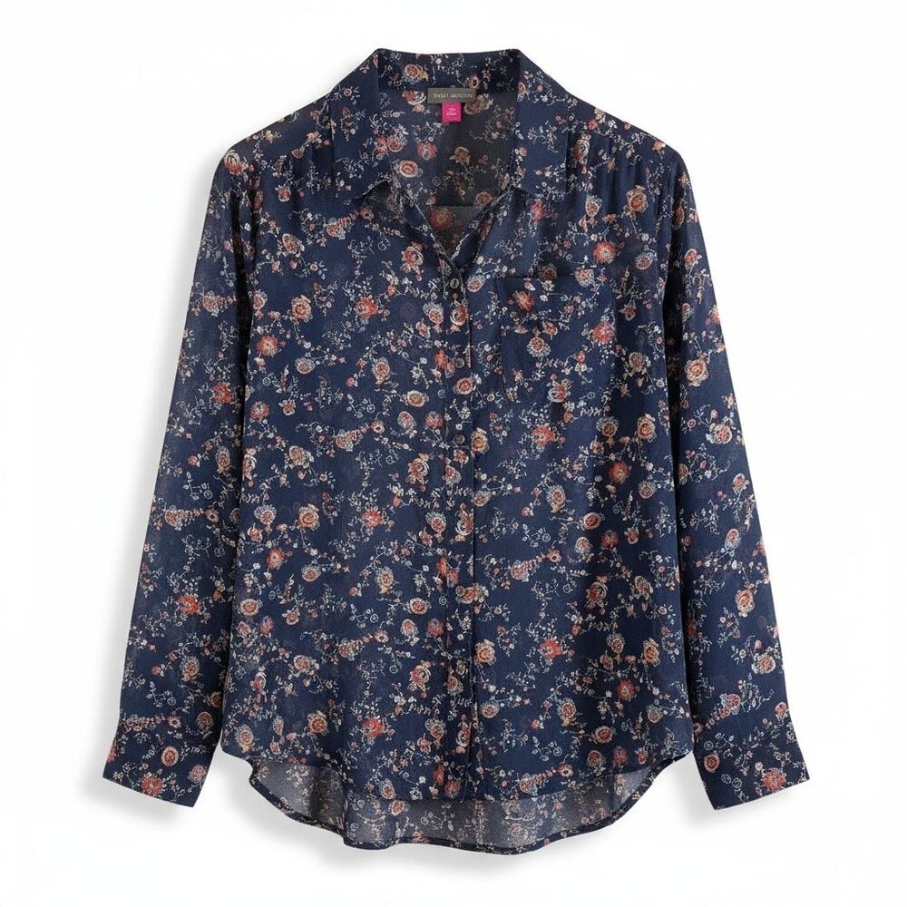 NWT Vince Camuto Womens Sheer Long Sleeve Dark Floral Blouse Navy XS Whimsigoth